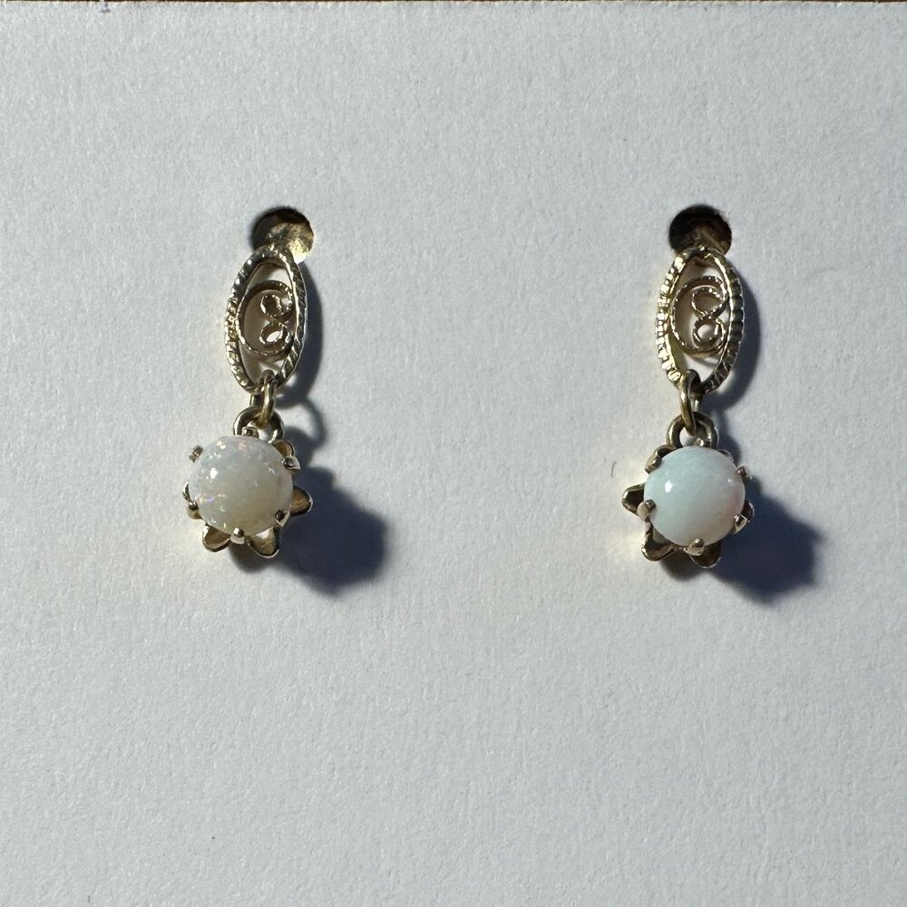Round Opal with Gold Filagree Stud Pierced Earrings